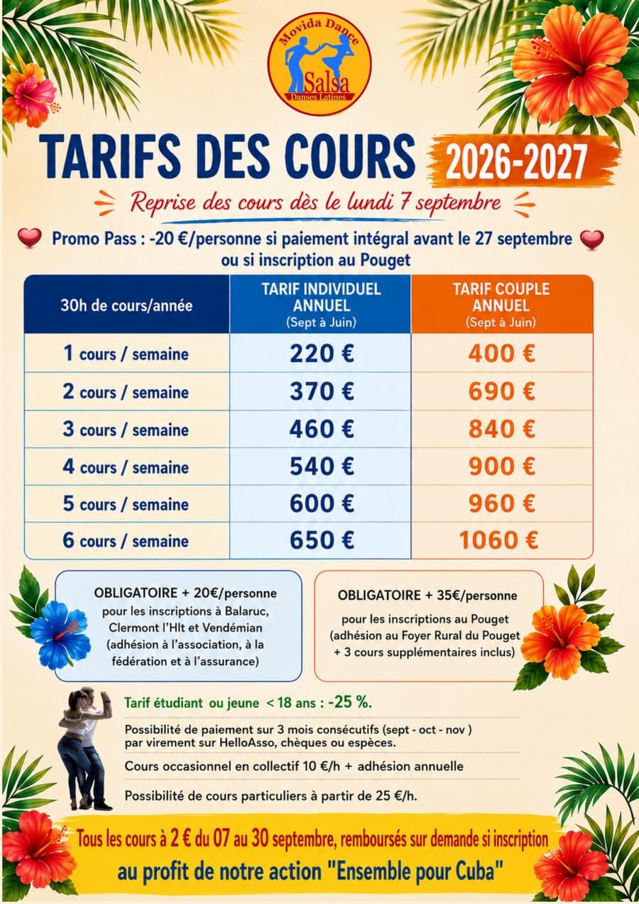 Tarifs des cours 2026-2027 